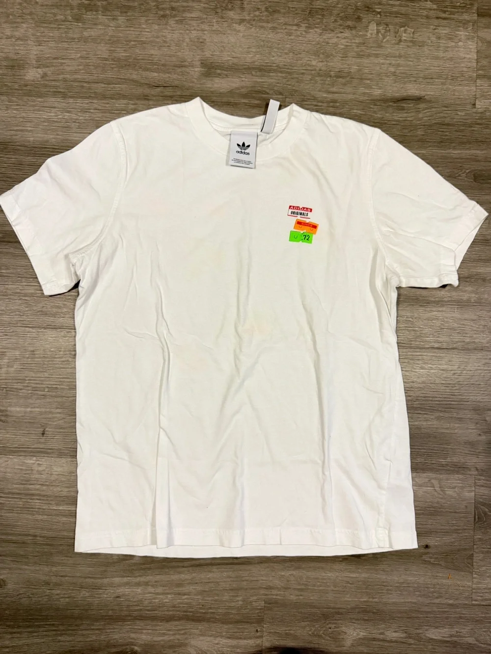 adidas White Short Sleeve Crewneck Tee with Small Neon Chest Graphics